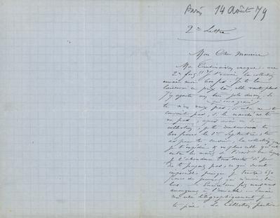 Lettre de Félicien Rops à Maurice [Bonvoisin]. [Paris], 1879/08/14. Province de Namur, musée Félicien Rops, Bon/LE/113