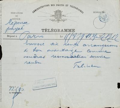 Télégramme non autographe de Félicien Rops à Maurice Bonvoisin. Paris, 1879/08/15. Province de Namur, musée Félicien Rops, Bon/LE/114