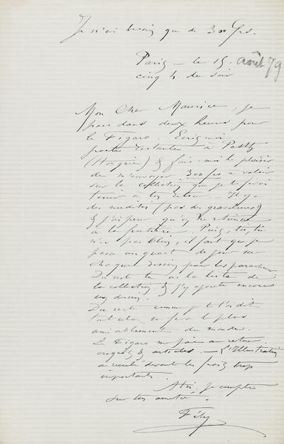 Lettre de Félicien Rops à Maurice [Bonvoisin]. Paris, 1879/08/15. Province de Namur, musée Félicien Rops, Bon/LE/115