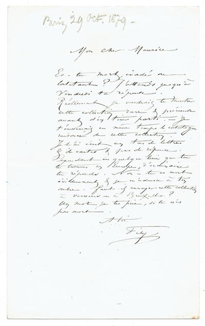 Lettre de Félicien Rops à Maurice [Bonvoisin]. [Paris], 1879/10/29. Collection privée, Bon/LE/127