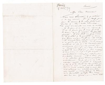 Lettre de Félicien Rops à Maurice [Bonvoisin]. [Paris], 1879/11/08. Collection privée, Bon/LE/132