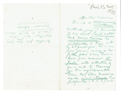 Lettre de Félicien Rops à Maurice [Bonvoisin]. [Paris], 1879/11/13. Collection privée, Bon/LE/133