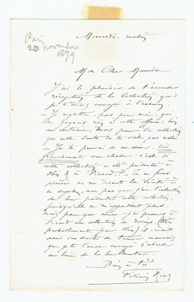 Lettre de Félicien Rops à Maurice [Bonvoisin]. [Paris], 1879/11/20. Collection privée, Bon/LE/134