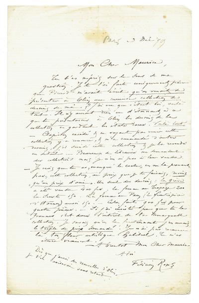 Lettre de Félicien Rops à Maurice [Bonvoisin]. [Paris], 1879/12/03. Collection privée, Bon/LE/135