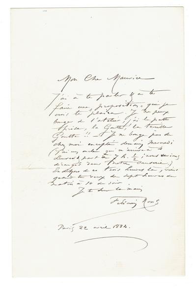 Lettre de Félicien Rops à Maurice [Bonvoisin]. Paris, 1884/04/22. Collection privée, Bon/LE/157