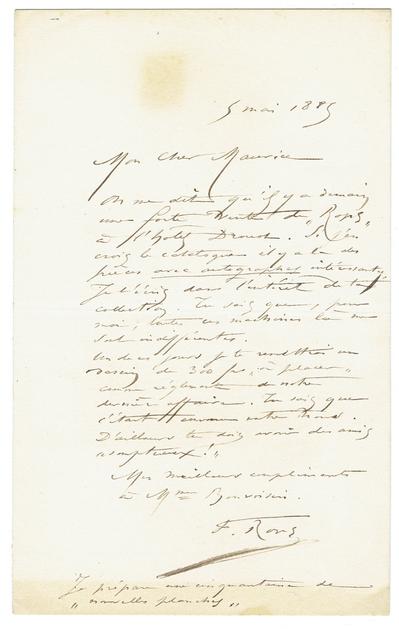 Lettre de Félicien Rops à Maurice [Bonvoisin]. s.l., 1885/05/05. Collection privée, Bon/LE/160