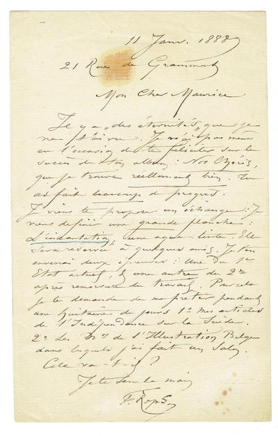 Lettre de Félicien Rops à Maurice [Bonvoisin]. Paris, 1888/01/11. Collection privée, Bon/LE/161