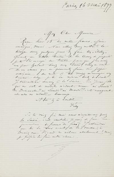 Lettre de Félicien Rops à Maurice [Bonvoisin]. [Paris], 1877/05/16. Province de Namur, musée Félicien Rops, Bon/LE/18
