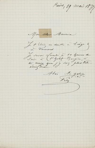 Lettre de Félicien Rops à Maurice [Bonvoisin]. [Paris], 1877/05/19. Province de Namur, musée Félicien Rops, Bon/LE/19