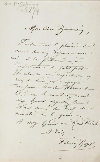 Lettre de Félicien Rops à [Maurice] Bonvoisin. s.l., 1874/00/00. Province de Namur, musée Félicien Rops, Bon/LE/2