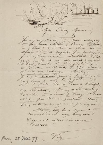 Lettre de Félicien Rops à Maurice [Bonvoisin]. [Paris], 1877/05/28. Province de Namur, musée Félicien Rops, Bon/LE/20