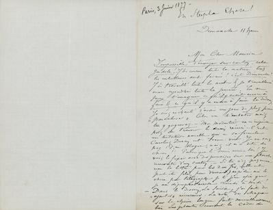 Lettre de Félicien Rops à Maurice [Bonvoisin]. [Paris], 1877/06/03. Province de Namur, musée Félicien Rops, Bon/LE/21
