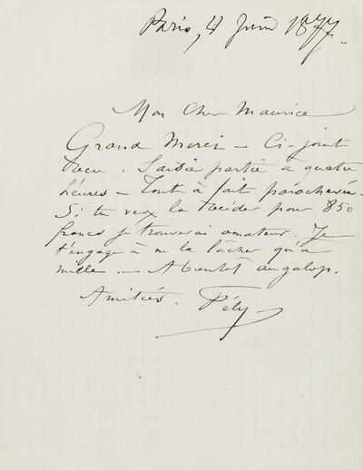 Lettre de Félicien Rops à Maurice [Bonvoisin]. [Paris], 1877/06/04. Province de Namur, musée Félicien Rops, Bon/LE/22