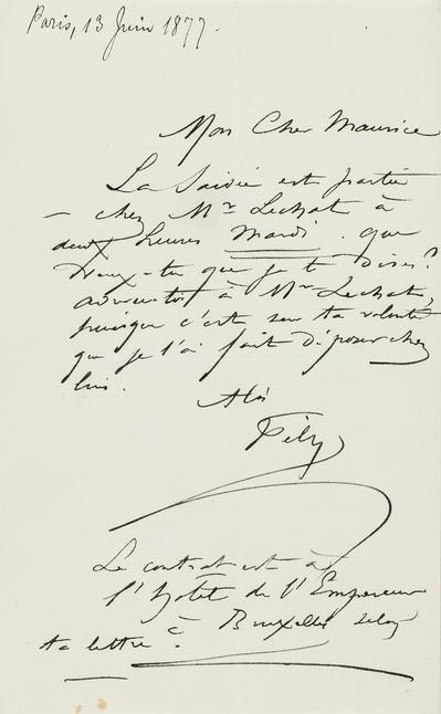 Lettre de Félicien Rops à Maurice [Bonvoisin]. [Paris], 1877/06/13. Province de Namur, musée Félicien Rops, Bon/LE/26