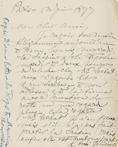 Copie non autographe de Félicien Rops à [Maurice] [Bonvoisin]. Paris, 1877/06/13. Province de Namur, musée Félicien Rops, Bon/LE/27