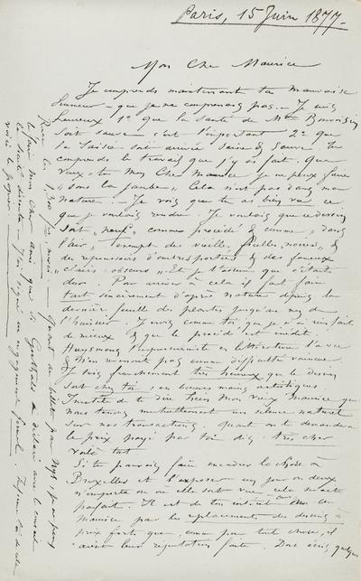 Lettre de Félicien Rops à Maurice [Bonvoisin]. [Paris], 1877/06/15. Province de Namur, musée Félicien Rops, Bon/LE/29