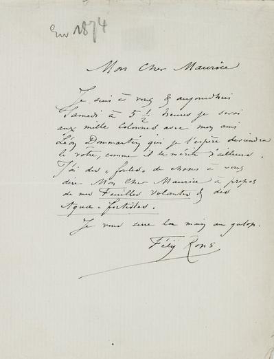 Lettre de Félicien Rops à Maurice [Bonvoisin]. s.l., 1874/00/00. Province de Namur, musée Félicien Rops, Bon/LE/3