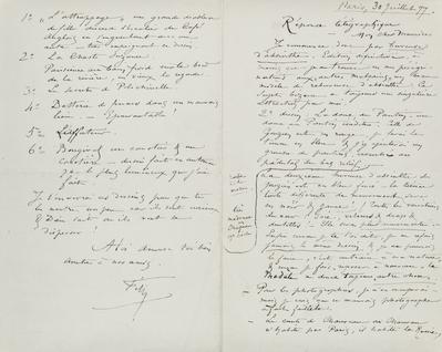 Lettre de Félicien Rops à Maurice [Bonvoisin]. [Paris], 1877/07/30. Province de Namur, musée Félicien Rops, Bon/LE/32