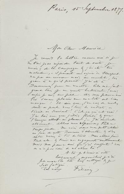 Lettre de Félicien Rops à Maurice [Bonvoisin]. [Paris], 1877/07/15. Province de Namur, musée Félicien Rops, Bon/LE/33