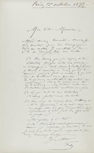 Lettre de Félicien Rops à Maurice [Bonvoisin]. [Paris], 1877/10/01. Province de Namur, musée Félicien Rops, Bon/LE/35