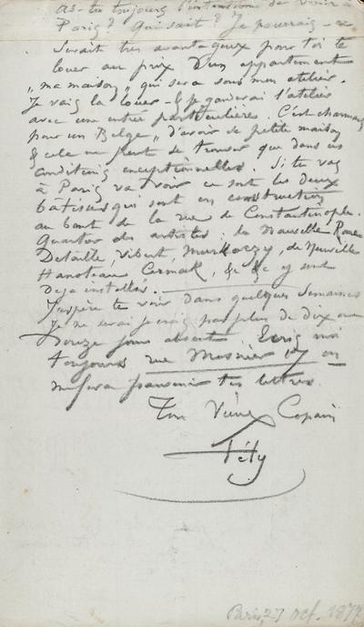 Lettre de Félicien Rops à [Maurice] [Bonvoisin]. [Paris], 1877/10/27. Province de Namur, musée Félicien Rops, Bon/LE/37