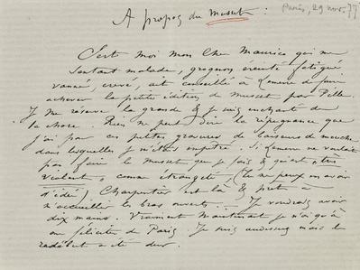 Lettre de Félicien Rops à Maurice [Bonvoisin]. [Paris], 1877/11/29. Province de Namur, musée Félicien Rops, Bon/LE/39