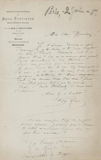 Lettre de Félicien Rops à [Maurice] Bonvoisin. [Paris], [1875/06/02]. Province de Namur, musée Félicien Rops, Bon/LE/4