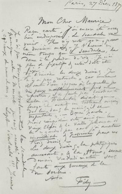 Lettre de Félicien Rops à Maurice [Bonvoisin]. [Paris], 1877/12/27. Province de Namur, musée Félicien Rops, Bon/LE/40