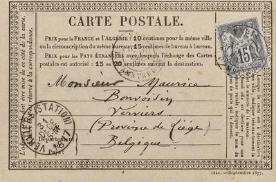 Carte postale de Félicien Rops à Maurice Bonvoisin. [Paris], 1877/12/31. Province de Namur, musée Félicien Rops, Bon/LE/41