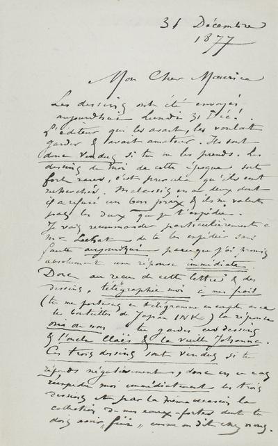 Lettre de Félicien Rops à Maurice [Bonvoisin]. [Paris], 1877/12/31. Province de Namur, musée Félicien Rops, Bon/LE/42