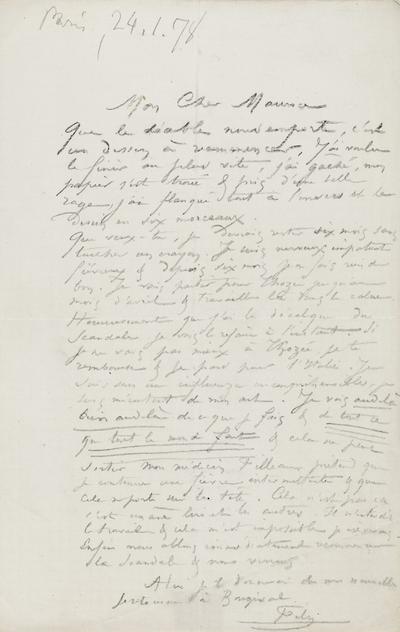 Lettre de Félicien Rops à Maurice [Bonvoisin]. [Paris], 1878/01/24. Province de Namur, musée Félicien Rops, Bon/LE/46