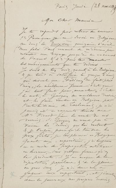 Lettre de Félicien Rops à Maurice [Bonvoisin]. [Paris], 1878/03/28. Province de Namur, musée Félicien Rops, Bon/LE/49