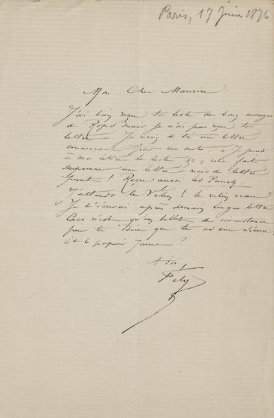 Lettre de Félicien Rops à Maurice [Bonvoisin]. [Paris], 1875/06/17. Province de Namur, musée Félicien Rops, Bon/LE/5