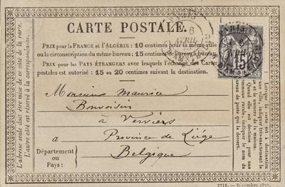 Carte postale de Félicien Rops à Maurice Bonvoisin. [Paris], 1878/04/06. Province de Namur, musée Félicien Rops, Bon/LE/50