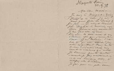 Lettre de Félicien Rops à Maurice Bonvoisin. Nieuport, 1878/09/10. Province de Namur, musée Félicien Rops, Bon/LE/58