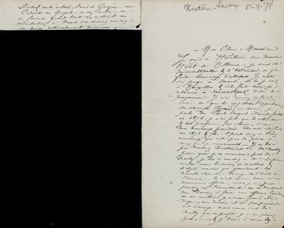 Lettre (avec partie découpée) de Félicien Rops à Maurice [Bonvoisin]. [Hastière-Lavaux], 1878/09/05. Province de Namur, musée Félicien Rops, Bon/LE/59