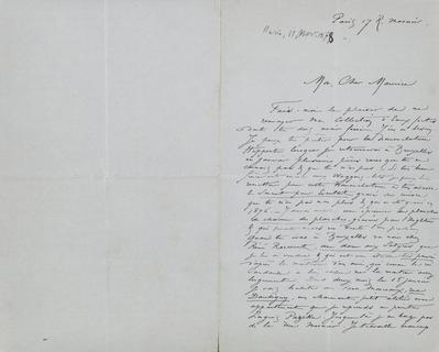 Lettre de Félicien Rops à Maurice [Bonvoisin]. Paris, 1878/11/11. Province de Namur, musée Félicien Rops, Bon/LE/60