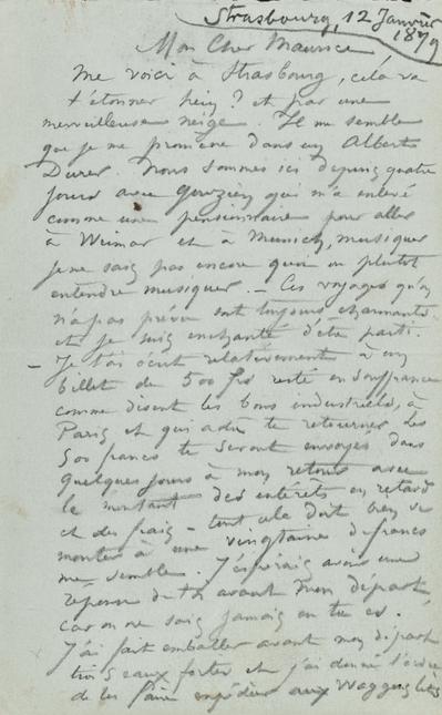 Lettre de Félicien Rops à Maurice [Bonvoisin]. Strasbourg, 1879/01/12. Province de Namur, musée Félicien Rops, Bon/LE/64