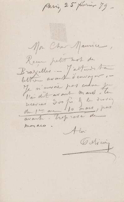 Lettre de Félicien Rops à Maurice [Bonvoisin]. [Paris], 1879/02/25. Province de Namur, musée Félicien Rops, Bon/LE/65