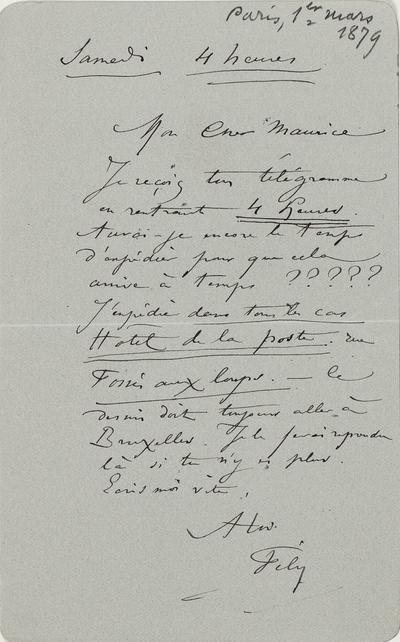 Lettre de Félicien Rops à Maurice [Bonvoisin]. [Paris], 1879/03/01. Province de Namur, musée Félicien Rops, Bon/LE/66
