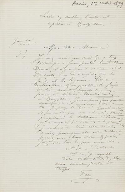 Lettre de Félicien Rops à Maurice [Bonvoisin]. Paris, 1879/03/01. Province de Namur, musée Félicien Rops, Bon/LE/67