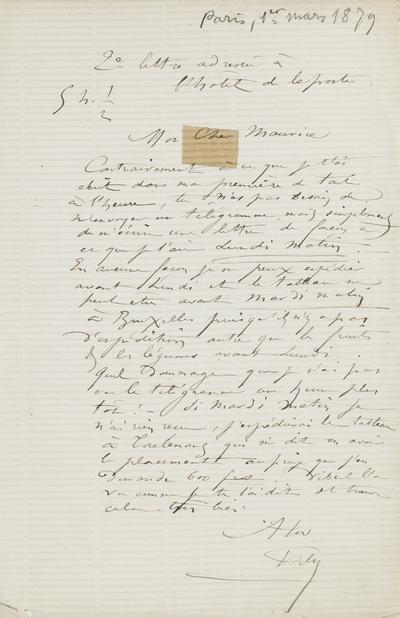 Lettre de Félicien Rops à Maurice [Bonvoisin]. [Paris], 1879/03/01. Province de Namur, musée Félicien Rops, Bon/LE/68