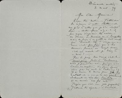 Lettre de Félicien Rops à Maurice [Bonvoisin]. s.l., 1879/03/02. Province de Namur, musée Félicien Rops, Bon/LE/69