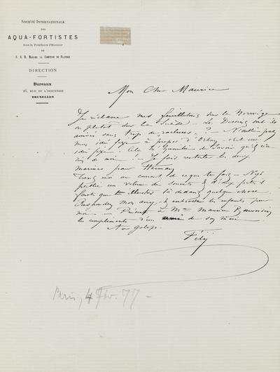 Lettre de Félicien Rops à Maurice [Bonvoisin]. [Paris], 1876/02/04. Province de Namur, musée Félicien Rops, Bon/LE/7