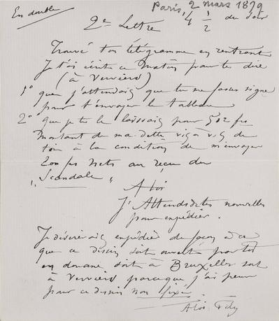 Lettre de Félicien Rops à [Maurice] [Bonvoisin]. [Paris], 1879/03/02. Province de Namur, musée Félicien Rops, Bon/LE/70