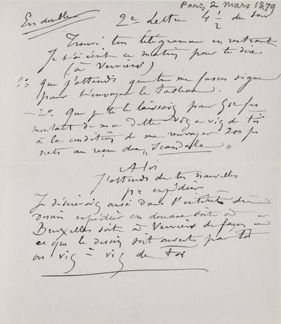 Lettre de Félicien Rops à [Maurice] [Bonvoisin]. [Paris], 1879/03/02. Province de Namur, musée Félicien Rops, Bon/LE/71