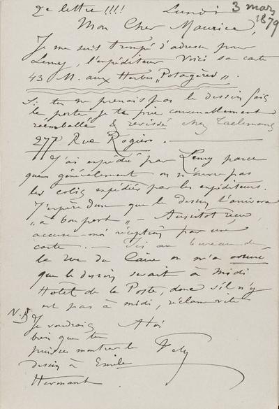 Lettre de Félicien Rops à Maurice [Bonvoisin]. s.l., 1879/03/03. Province de Namur, musée Félicien Rops, Bon/LE/72