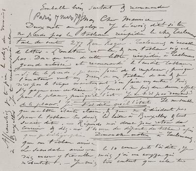 Lettre de Félicien Rops à Maurice [Bonvoisin]. [Paris], 1879/03/07. Province de Namur, musée Félicien Rops, Bon/LE/73