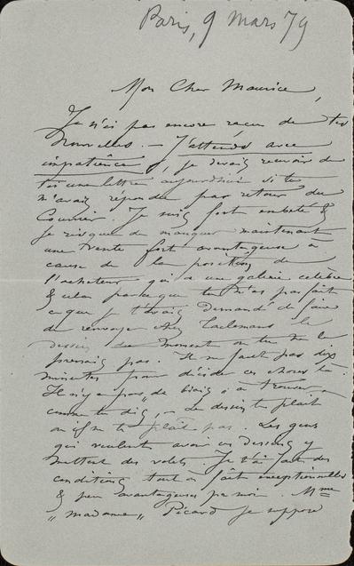 Lettre de Félicien Rops à Maurice [Bonvoisin]. [Paris], 1879/03/09. Province de Namur, musée Félicien Rops, Bon/LE/74