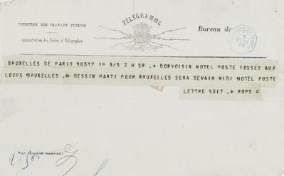 Télégramme non autographe de Félicien Rops à [Maurice] [Bonvoisin]. [Bruxelles], 1879/03/03. Province de Namur, musée Félicien Rops, Bon/LE/75